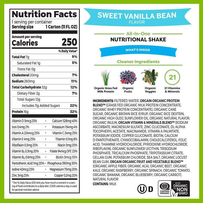 Organic Nutritional Shake, Sweet Vanilla Bean - Meal Replacement 11 oz, 12 Count