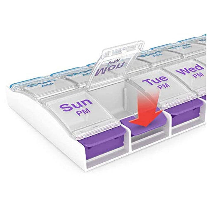 Ezy Dose Push Button (7-Day) Pill, Medicine, Vitamin Organizer Box | Weekly, 2 Times a Day, AM PM | Large Compartments | Arthritis Friendly | Clear Lids